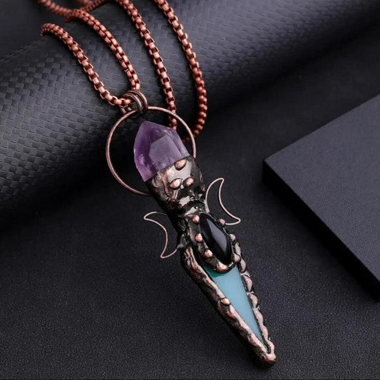 Triple Moon Wiccan Necklace Amethyst Blue Agate Natural Stone Necklace