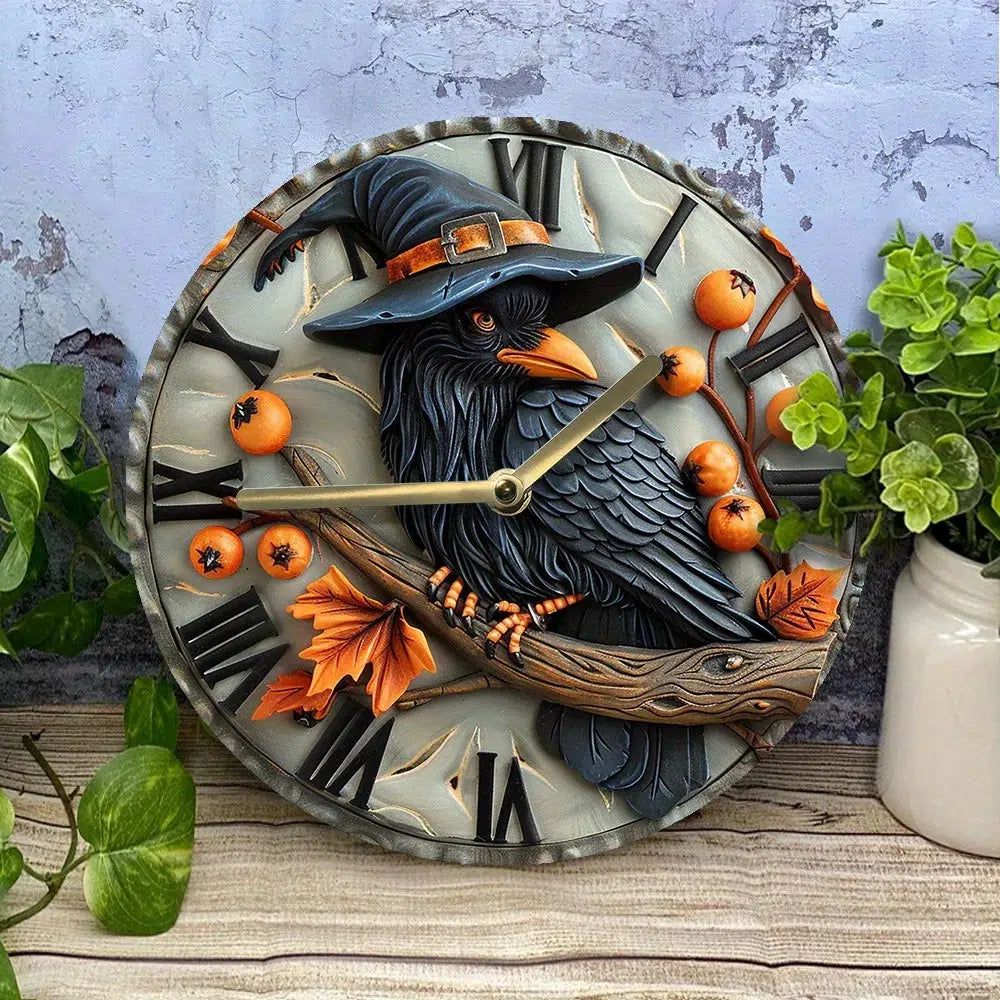 Halloween Crow Wall Clock Black Raven Witchy Wall Clock-MoonChildWorld