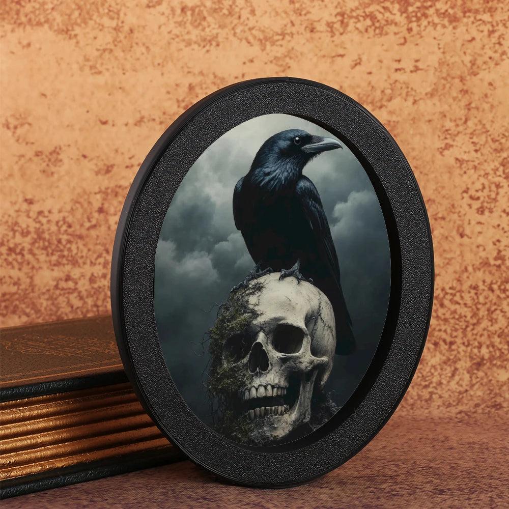 Skull Crow Retro Witchy Wall Art - Black Raven Gothic Wooden Oval Frame Halloween Wall Decoration-MoonChildWorld