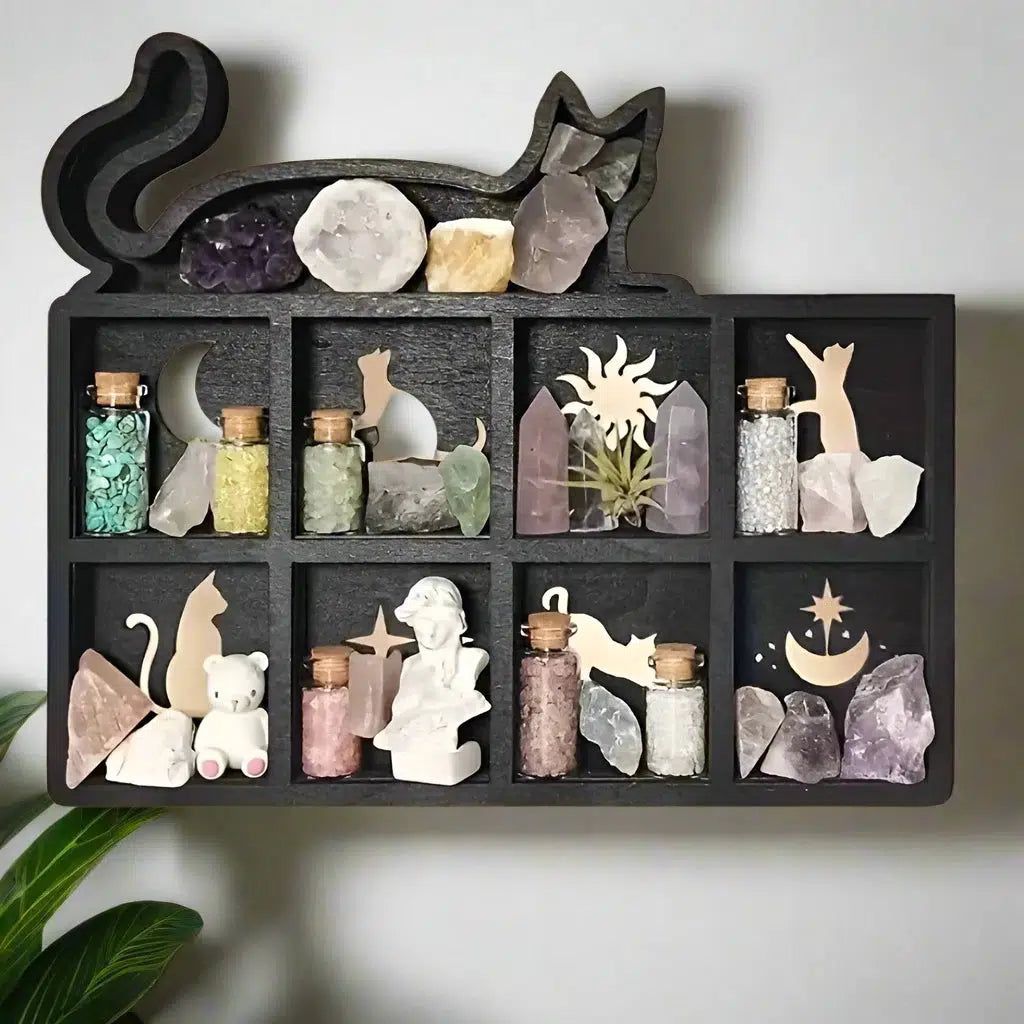 Witchy Black Cat Crystal Shelf Moon Cat Wooden Crystal Shelf-MoonChildWorld