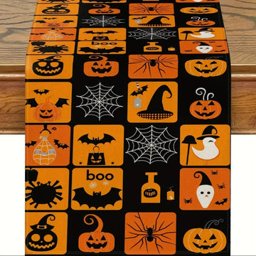 Halloween Spooky Pumpkin Grid Linen Table Runner - Gothic Witch Table Runner Halloween Decorations-MoonChildWorld