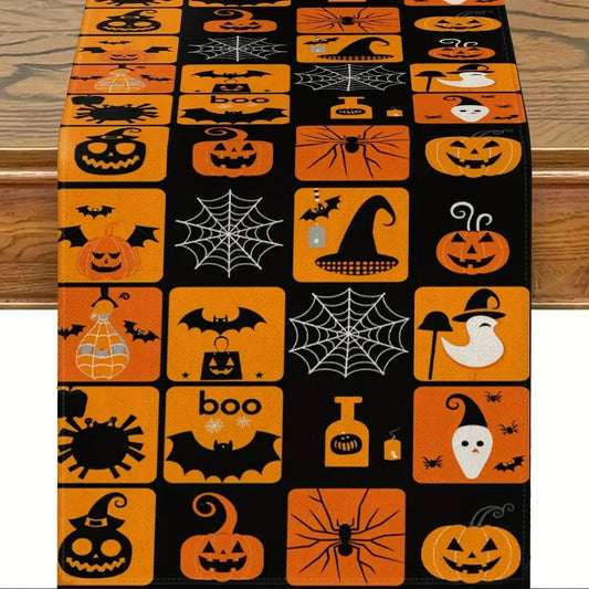 Halloween Spooky Pumpkin Grid Linen Table Runner - Gothic Witch Table Runner Halloween Decorations