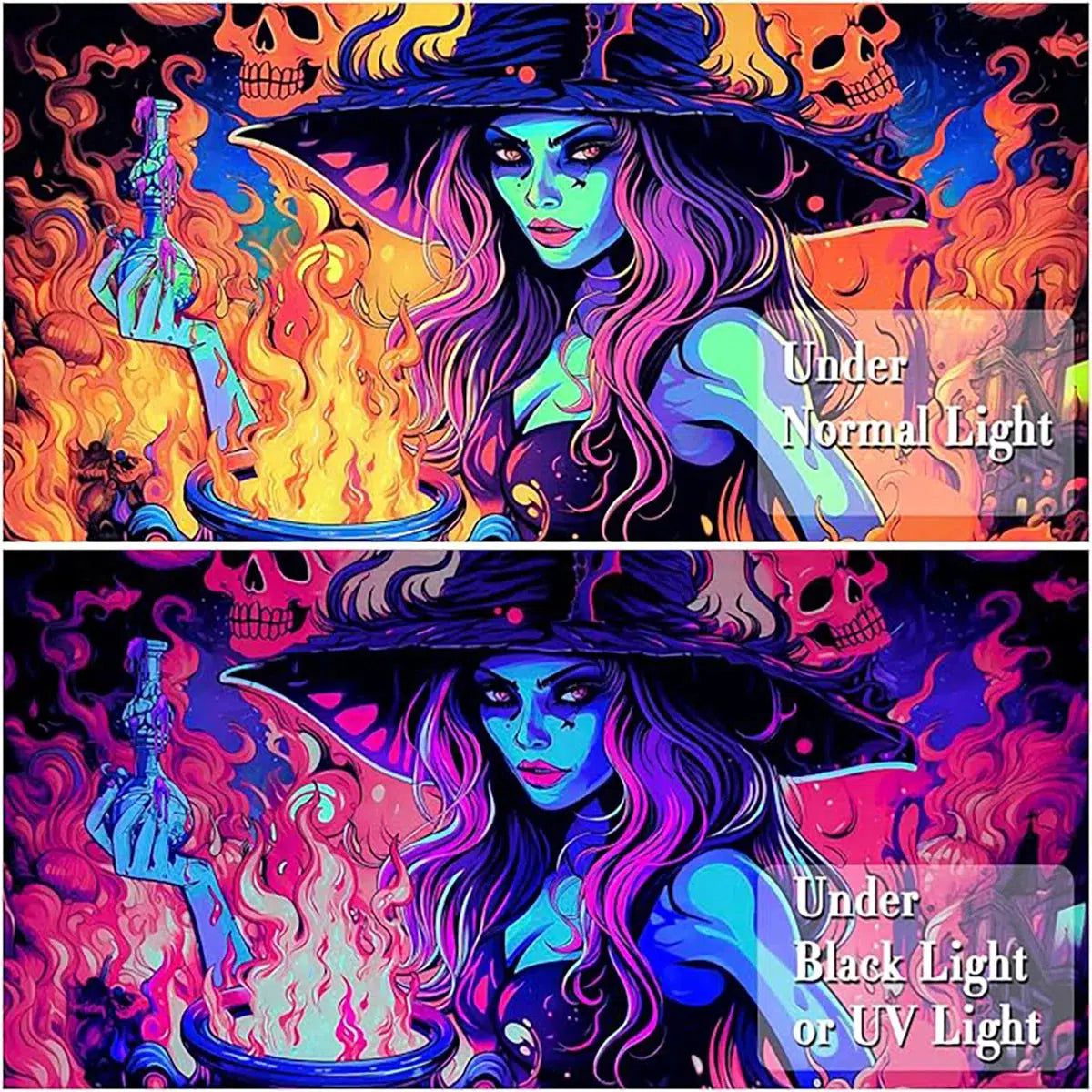 Blacklight Tapestry UV Reactive Skeleton Witch Tapestry Gothic Wall Hanging for Halloween Decor-MoonChildWorld