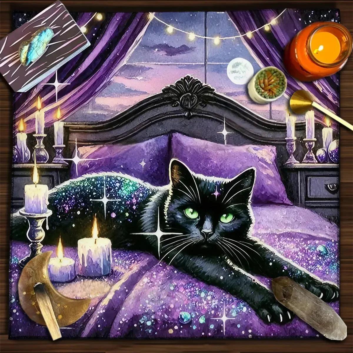 Colorful Mandala Black Cat Altar Cloth Tarot Tablecloth Witchcraft Cat & Moon Starry Sky Divination Cloth-MoonChildWorld
