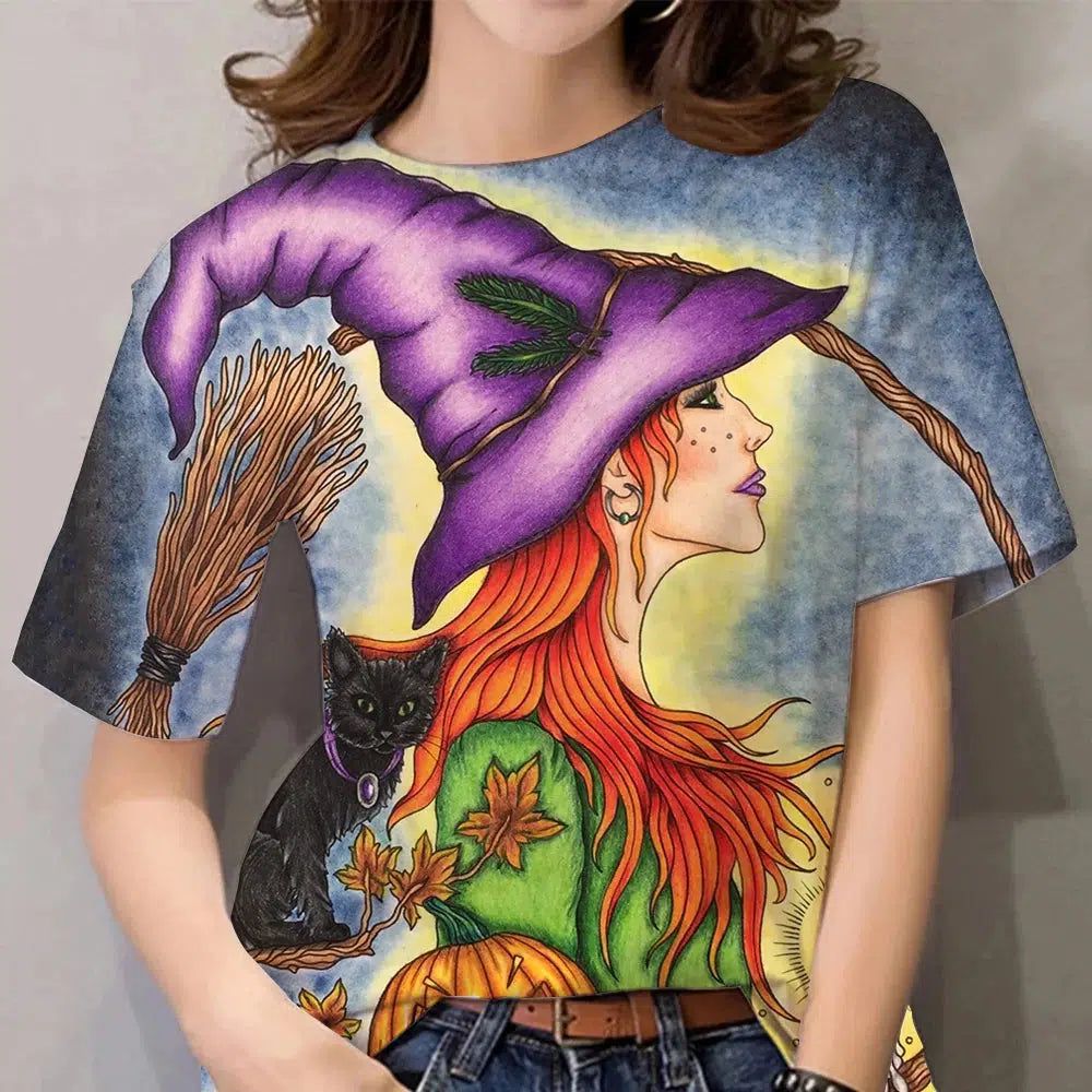 Halloween Dark Witch T-shirt Skull Cat Gothic T-Shirt-MoonChildWorld