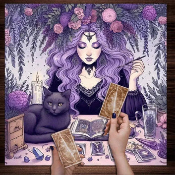 Mystic Witch and Black Cat Tablecloth Tarot Divination Wicca Altar Cloth