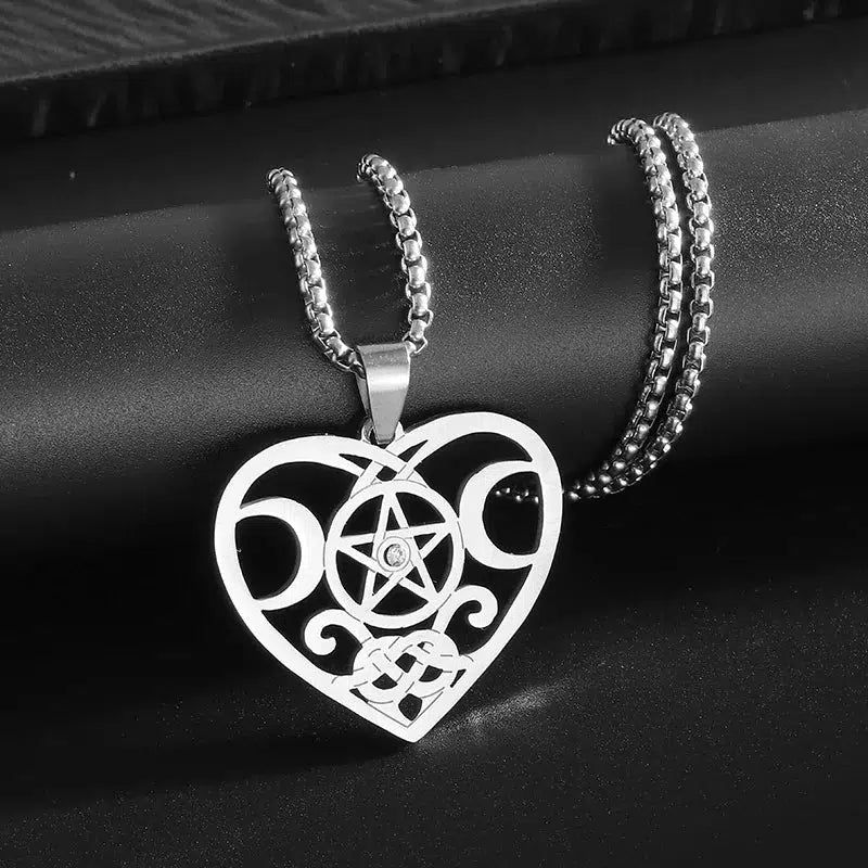 Witchcraft Heart Pentacle Triple moon Necklace Wiccan Jewelry-MoonChildWorld