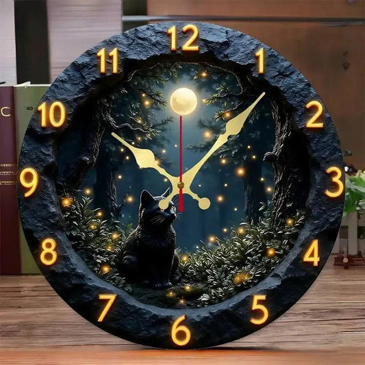 Moonlit Forest Black Cat Wooden Wall Clock