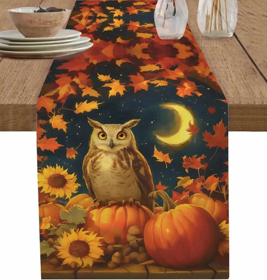 Fall Moon Owl Pumpkins Maple Linen Table Runner Thanksgiving Decorations
