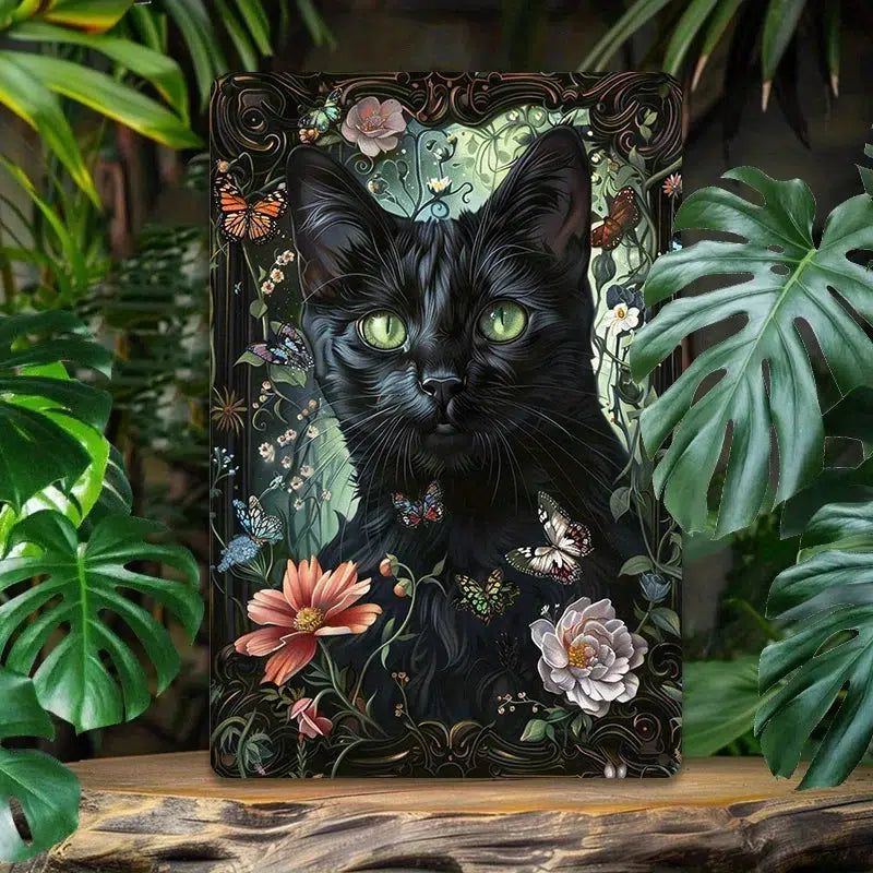 Vintage Black Cat with Green Eyes Wall Art Witchy Cat Metal Tin Sign-MoonChildWorld