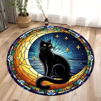 Moon and Black Cat Round Rug Gothic Witchy Cat Round Carpet for Christmas