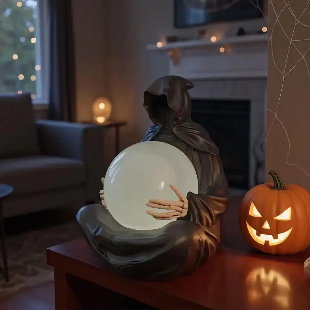 Gothic Grim Reaper Statue with Flying Bats Crystal Ball - LED Light Water Globe Halloween Decor-MoonChildWorld