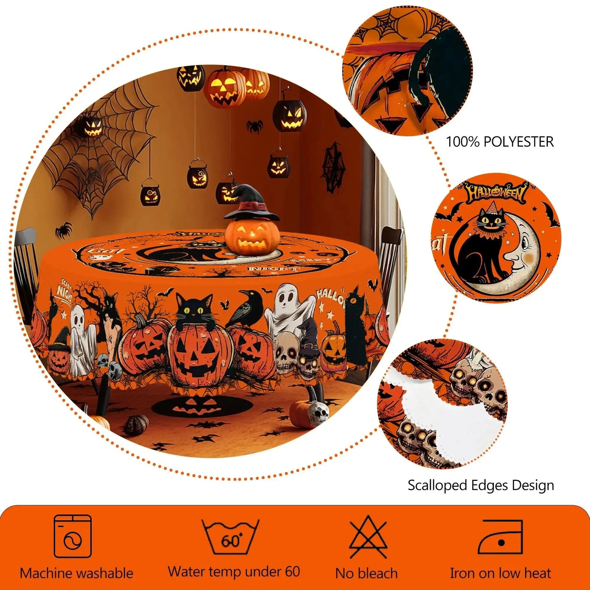 Spooky Pumpkin Moon Black Cat Halloween Tablecloth - Witchy Table Decoration Gothic Tablecloth-MoonChildWorld