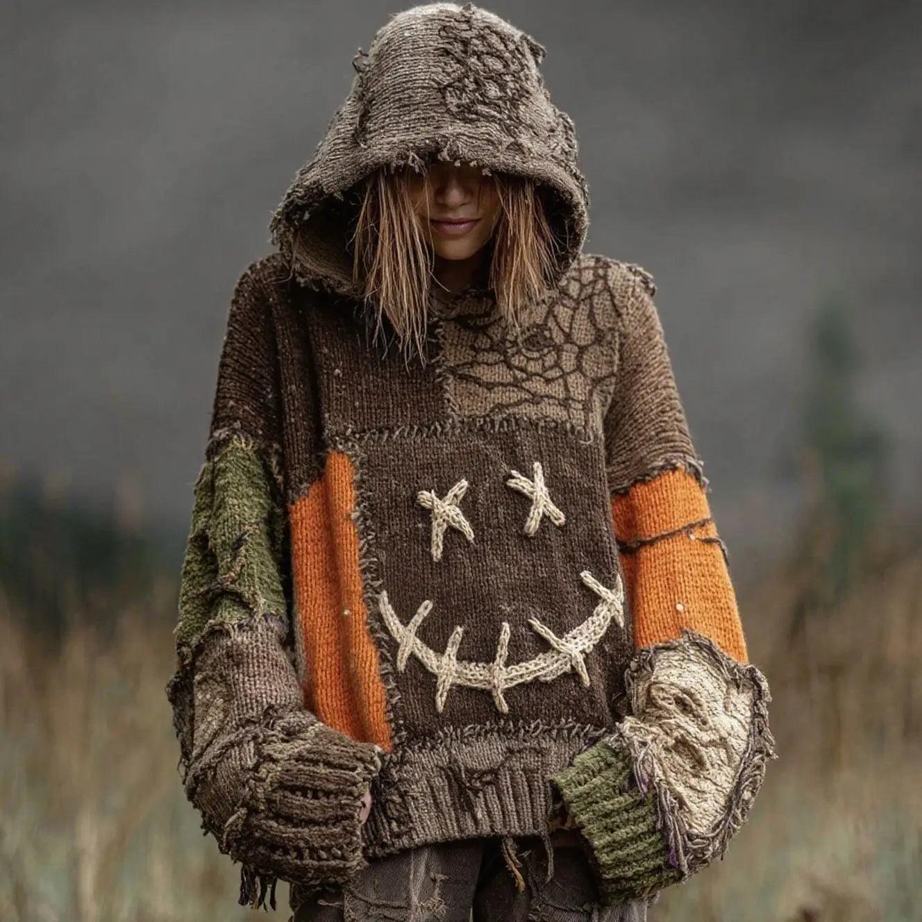 Gothic Halloween Oversized Sweaters Horror Black Cat Sweater O Neck Hooded Pullover-MoonChildWorld