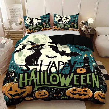 Happy Halloween Bedding Set Gothic Skull and Black Cat Duvet Cover for Witch Home Decor