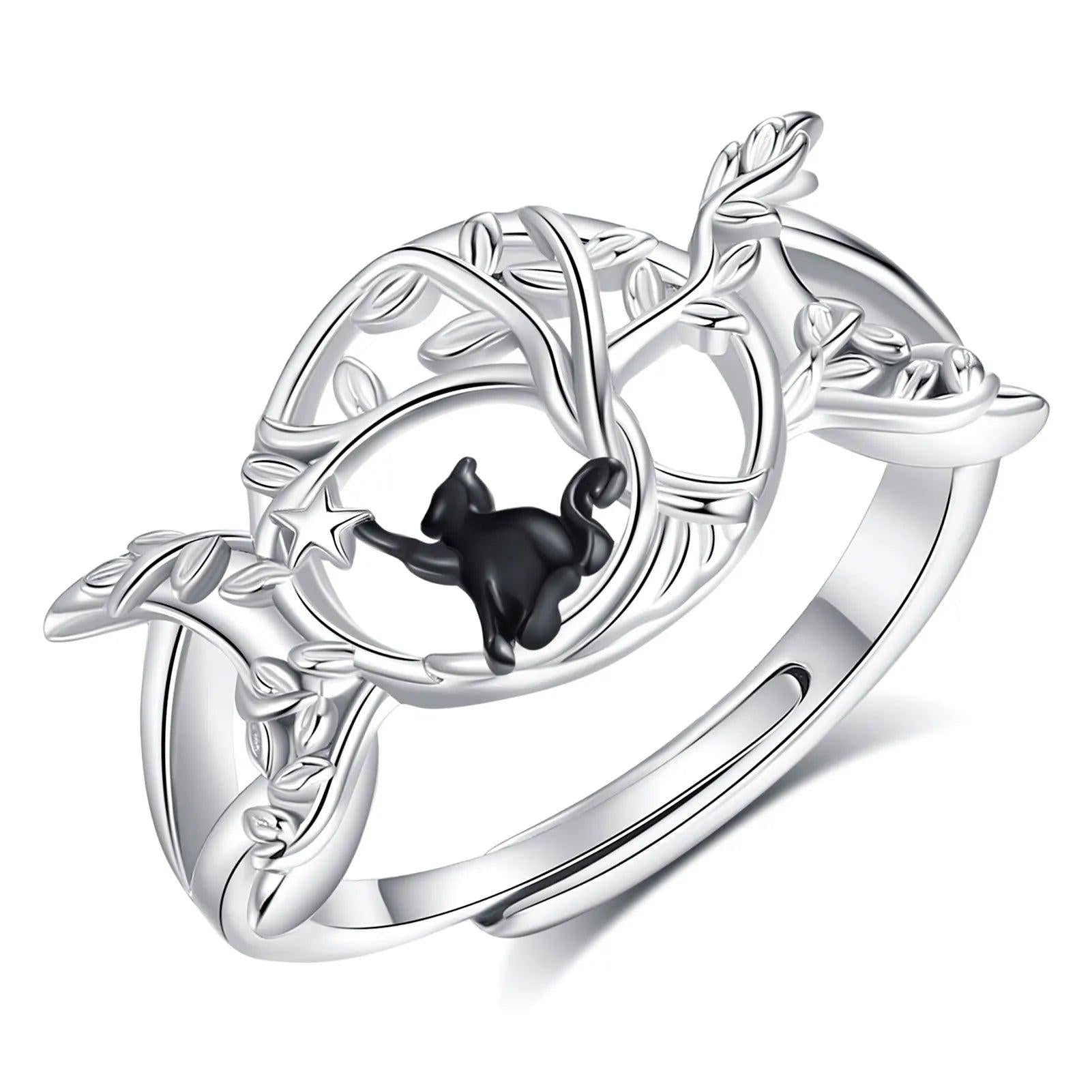 925 Sterling Silver Wicca Triple Moon Ring Black Cat Ring Witchy Jewelry-MoonChildWorld