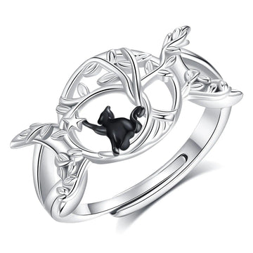 925 Sterling Silver Wicca Triple Moon Ring Black Cat Ring Witchy Jewelry-MoonChildWorld