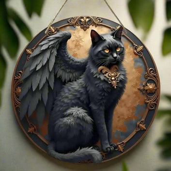 Winged Cat Wooden Sign - Witchy Hanging Sign Home Decor