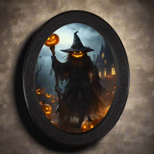 Headed Wizard Wooden Oval Frame - Gothic Witch Oval Wall Art - Halloween Wall Decoration