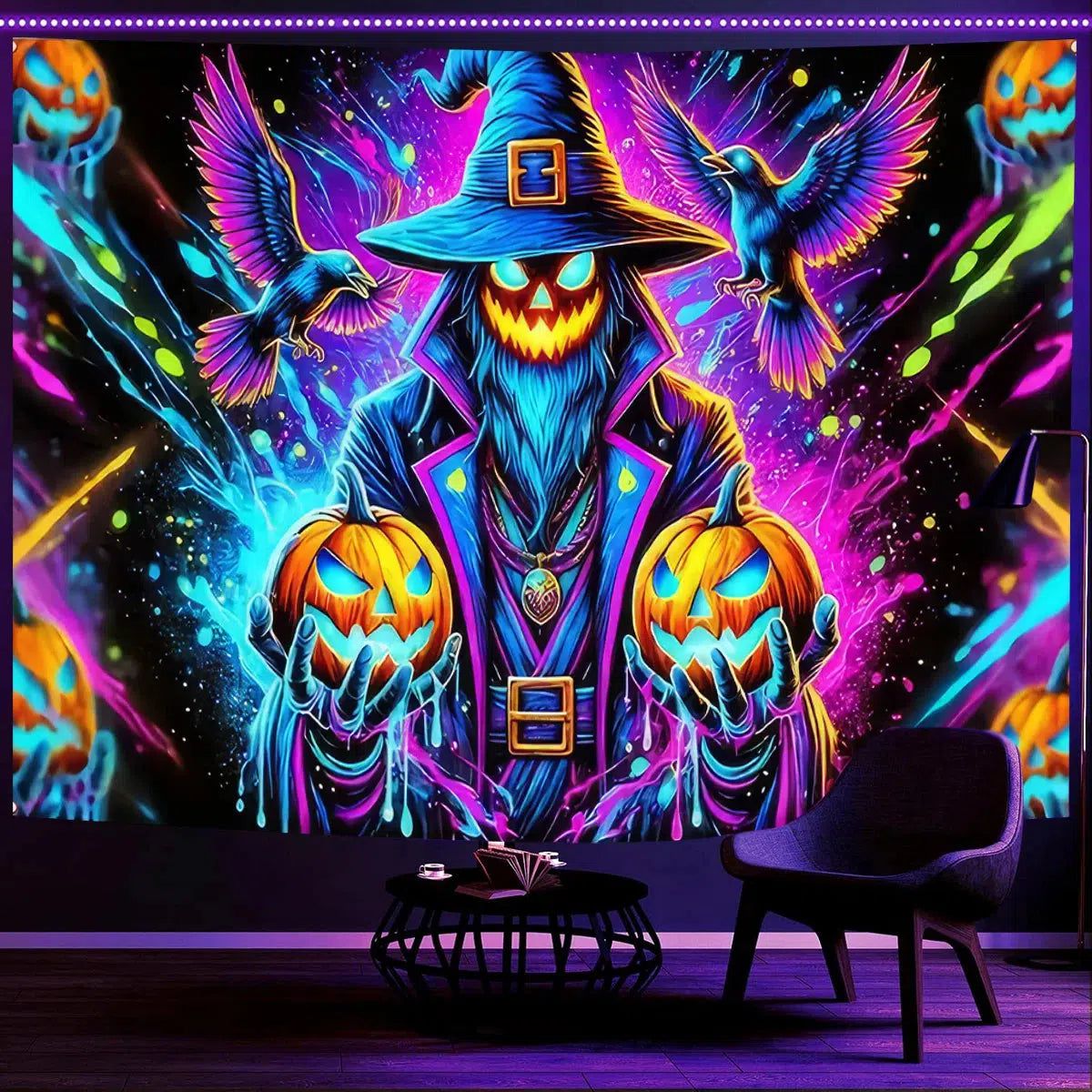 Halloween Wall Decor Blacklight UV Fluorescent Tapestry Pumpkin Witch Tapestry Wall Hanging-MoonChildWorld