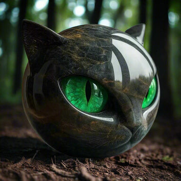 Amber Eyes Marble Black Cat Sculpture Hand-carved Healing Stone Cat Ornament Witchy Home Decor