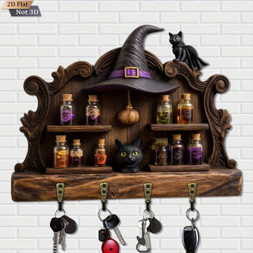 2D Witchcraft Potion Key Holder 4 Metal Hooks - Witch Wood Key Rack Halloween Wall Decor