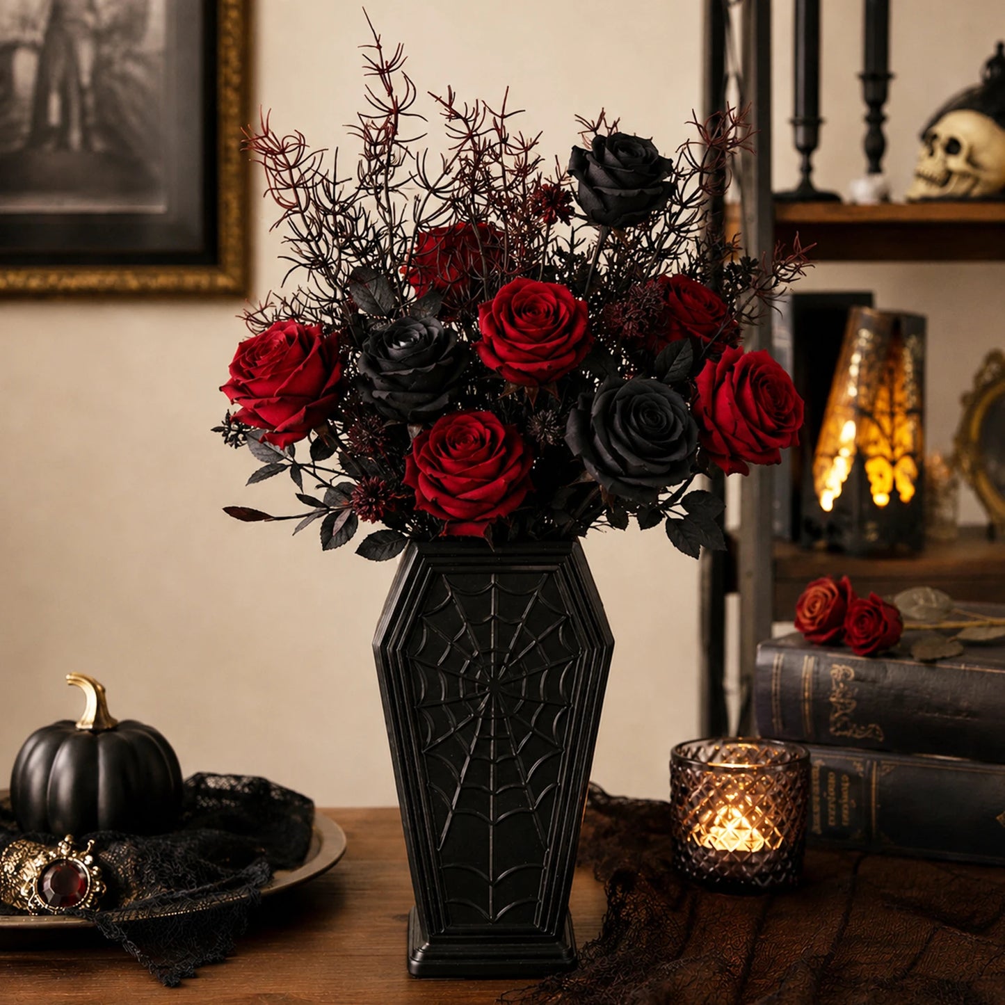 Spider web coffin vase – gothic black flower vessel, front view