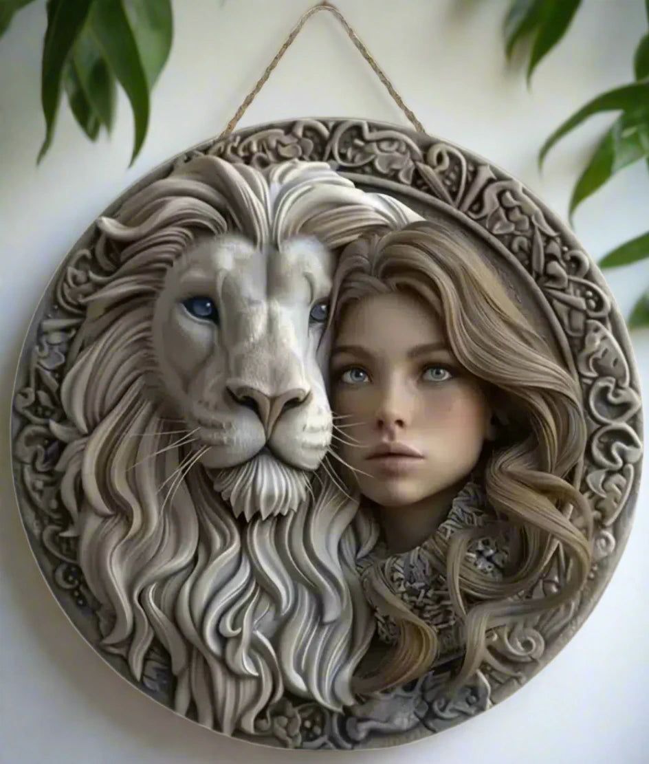 White Lion and Goddess Wooden Sign Mystic Hanging Sign-MoonChildWorld