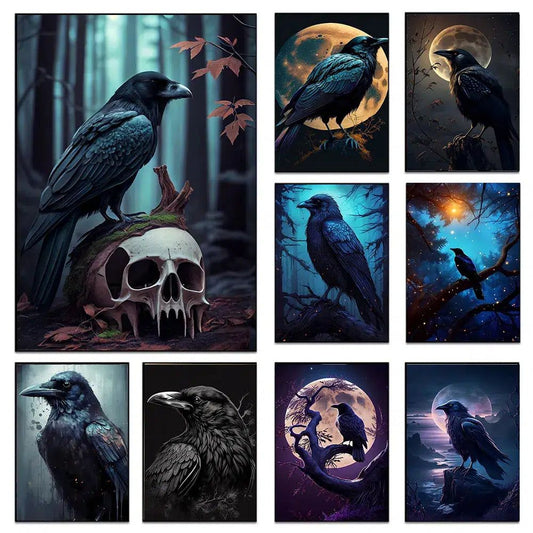 Skull Raven Gothic Poster Crow Moon Wall Art