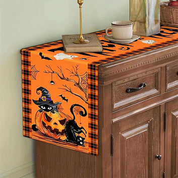 Halloween Horror Pumpkins Black Cat Table Runner - Gothic Table Runner for Witch Home Decor