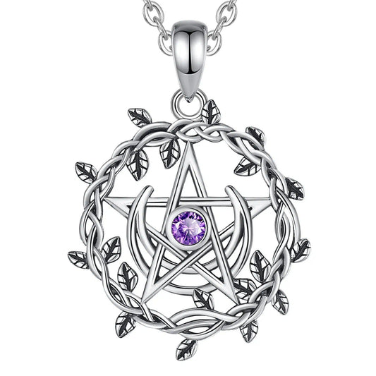 Witch Moon Pentacle Necklace Olive Leaf Moon Wicca Jewelry