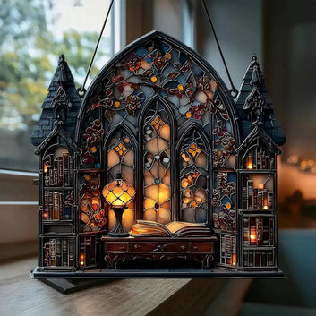 Halloween Gothic House Hanging Decor Acrylic Building Shape with Book & Lantern Design Window Pendant Art Wall Ornament for Home