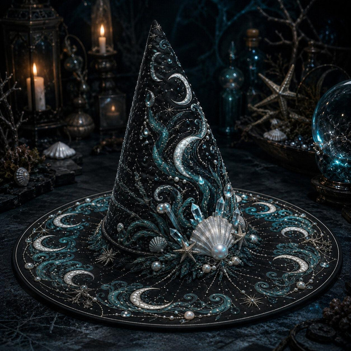 Sea Witch Hat – Moon Tides Celestial Pagan Wide Brim Hat – worn, front view