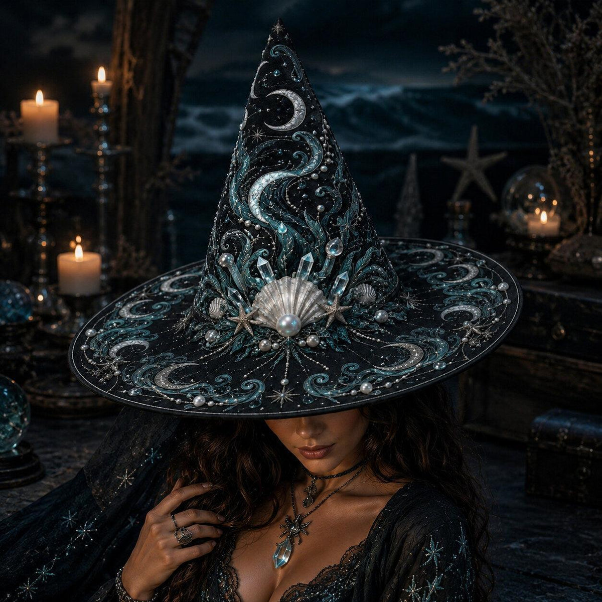 Sea Witch Hat – Moon Tides Celestial Pagan Wide Brim Hat – styled with candles and crystals