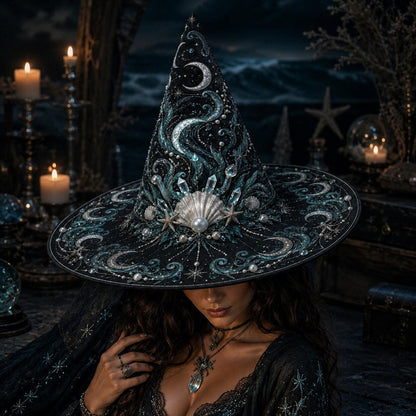 Sea Witch Hat – Moon Tides Celestial Pagan Wide Brim Hat – styled with candles and crystals