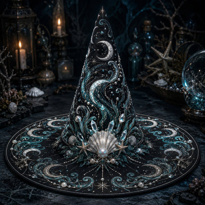 Sea Witch Hat – Moon Tides Celestial Pagan Wide Brim Hat – on an altar table