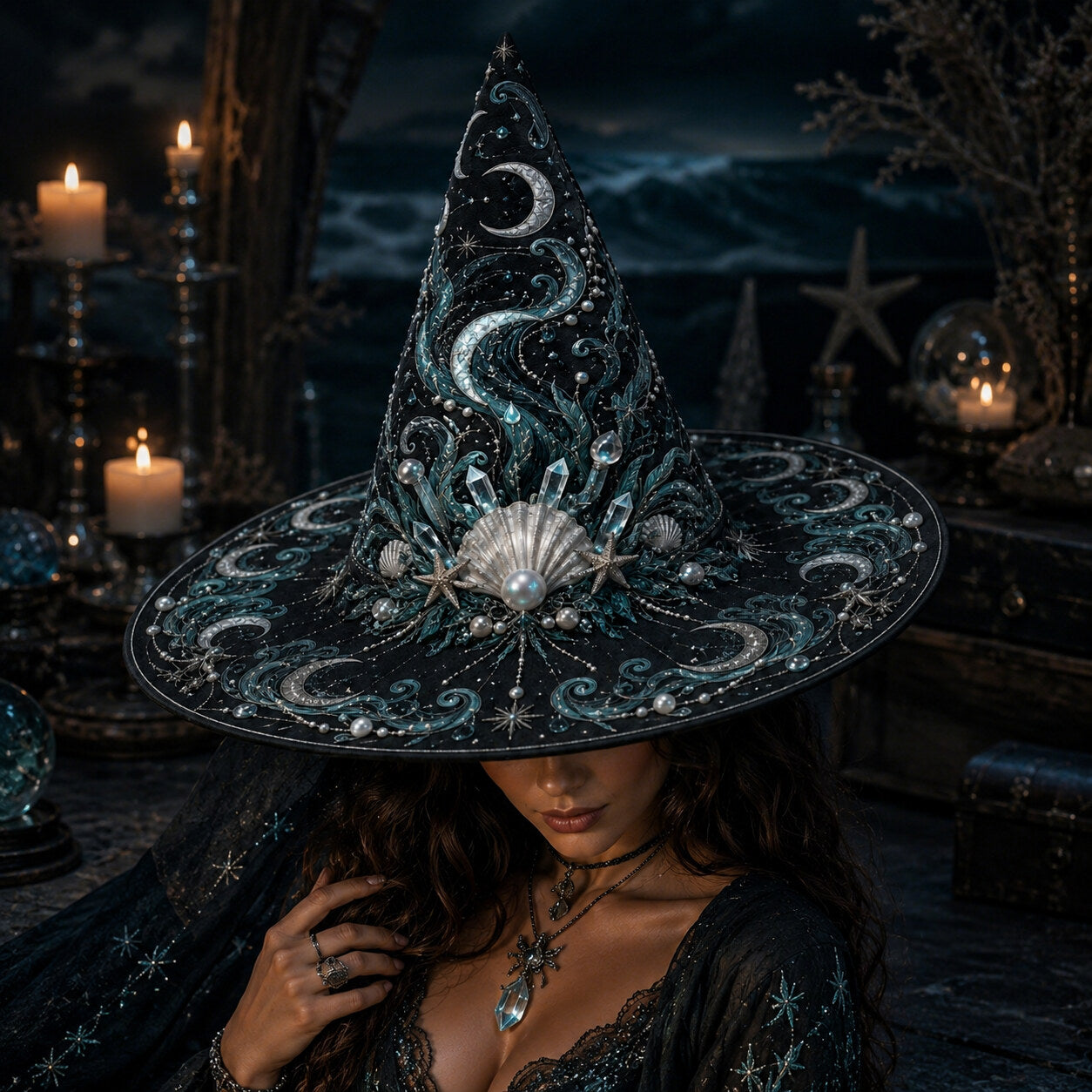 Sea Witch Hat – Moon Tides Celestial Pagan Wide Brim Hat – styled with candles and crystals