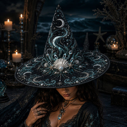 Sea Witch Hat – Moon Tides Celestial Pagan Wide Brim Hat – styled with candles and crystals