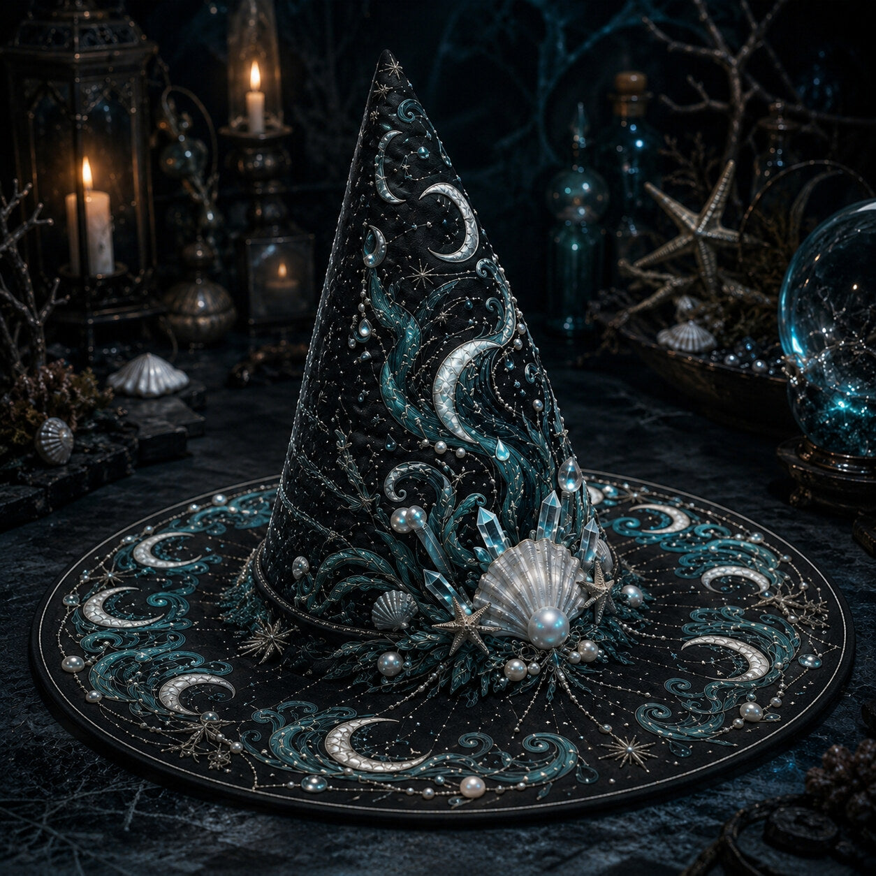 Sea Witch Hat – Moon Tides Celestial Pagan Wide Brim Hat – worn, front view