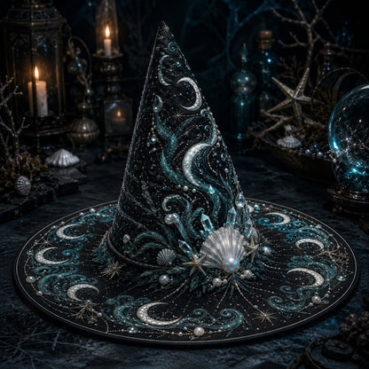 Sea Witch Hat – Moon Tides Celestial Pagan Wide Brim Hat – worn, front view