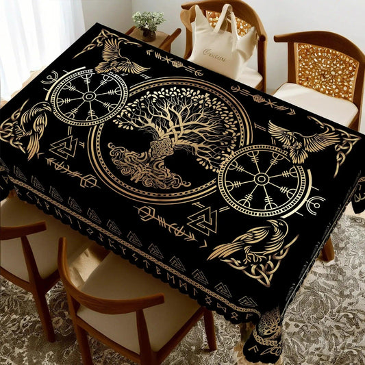 Golden Tree of Life Viking Runes Tablecloth - Norse Pagan Mythology Table Cloths