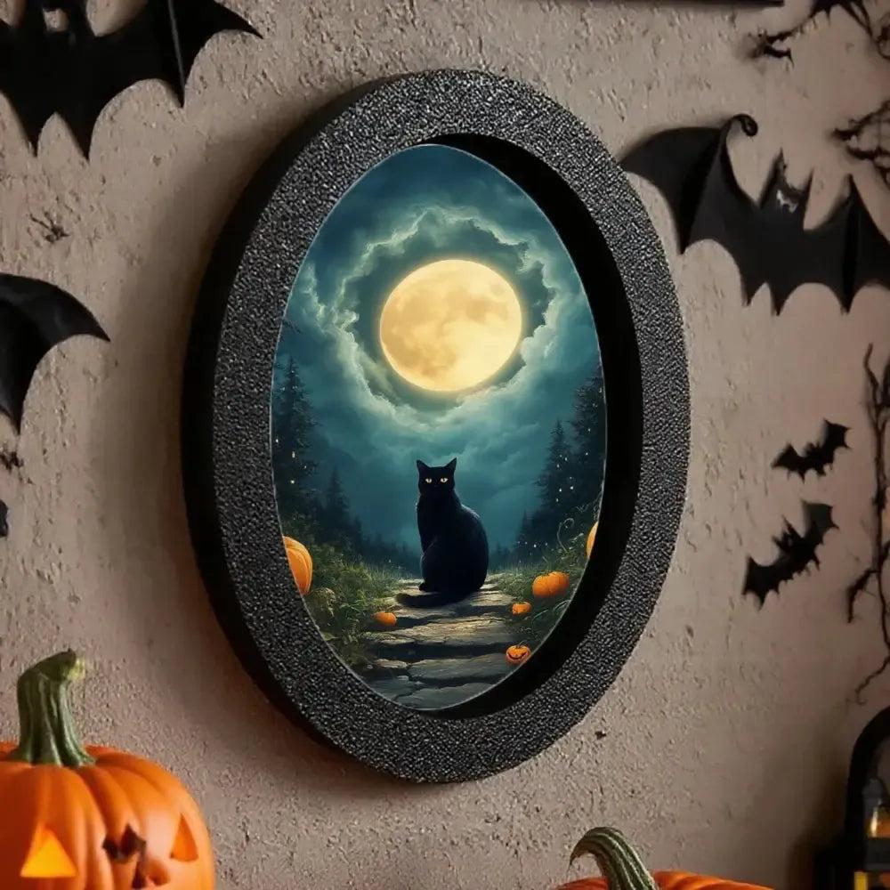 Moonlit Black Cat Wooden Oval Frame - Gothic Oval Wall Art - Spooky Halloween Wall Decoration-MoonChildWorld
