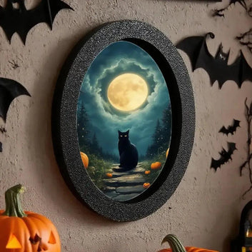 Moonlit Black Cat Wooden Oval Frame - Gothic Oval Wall Art - Spooky Halloween Wall Decoration