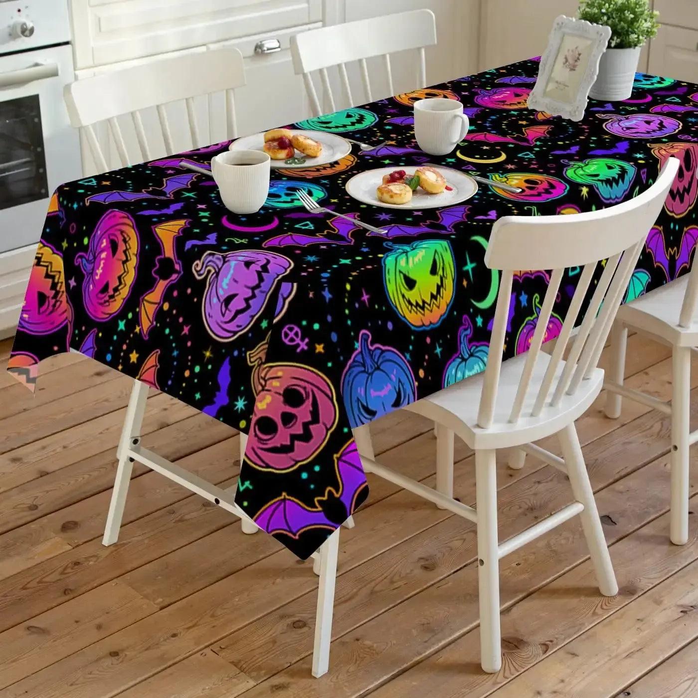 Colorful Rainbow Bat Pumpkin Halloween Tablecloth Witchy Table Decor-MoonChildWorld