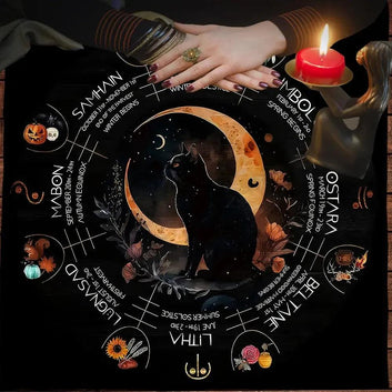 Witchy Black Cat Tarot Card Tablecloth Wheel of year Pagan Altar Cloth