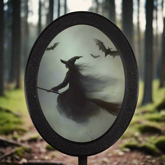 Witch Flying on a Broom Wooden Oval Frame - Gothic Oval Wall Art - Halloween Wall Decoration