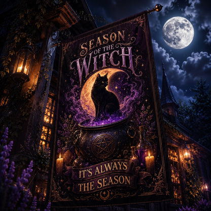 Season of the Witch house flag mockup hanging outdoors as year-round decor