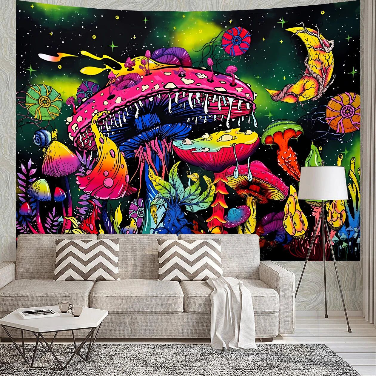 Psychedelic Mushroom UV Reactive Tapestry Aesthetic Tapestry Wall Hanging Hippie Decor-MoonChildWorld