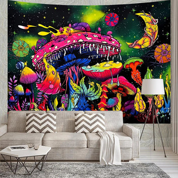 Psychedelic Mushroom UV Reactive Tapestry Aesthetic Tapestry Wall Hanging Hippie Decor