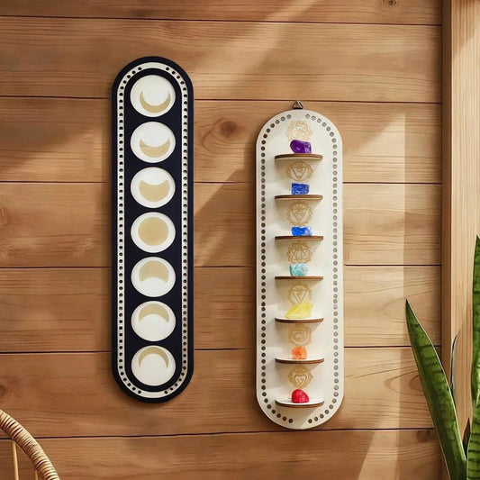 Moon Phase & Chakra Crystal Wall Shelf Wooden Hanging Display for Healing Stones Wicca Home Decor Wall Hanging